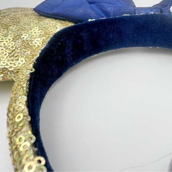 Disney World 50th Anniversary Gold Sequin Blue Satin Minnie Bow Ear Headband - Picture 9 of 10